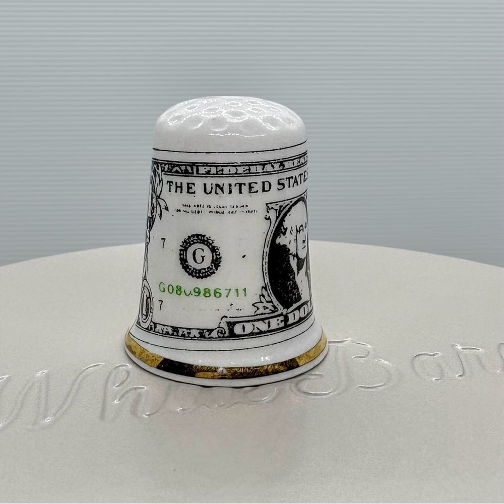 G.T. Birch Signed Ceramic Thimble – One Dollar Bill Design – Collectible